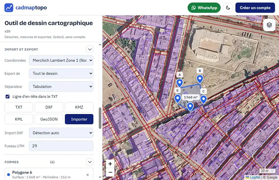 Section Import et export de cadmaptopo : système Merchich Lambert et boutons TXT, DXF, KMZ, KML, GeoJSON