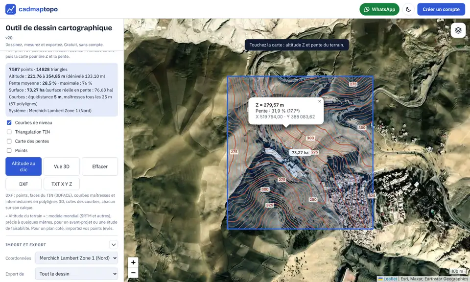Altitude Z, pente en % et en degrés et coordonnées X Y d’un point touché sur la carte