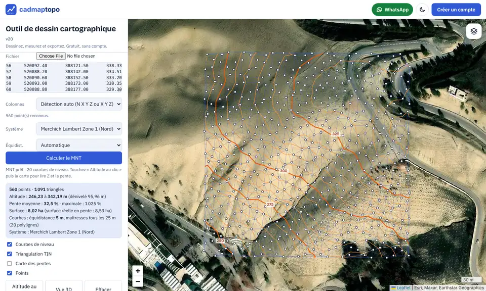 Semis de points X Y Z collé dans cadmaptopo : triangulation TIN, points et courbes de niveau sur l’image satellite