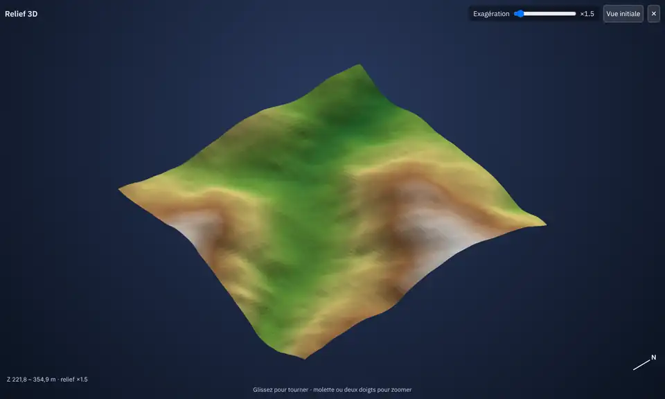 Relief 3D du modèle numérique de terrain, avec exagération verticale réglable