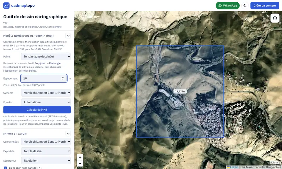 Zone rectangulaire dessinée sur l’image satellite, section MNT avec un espacement de 10 m entre les points