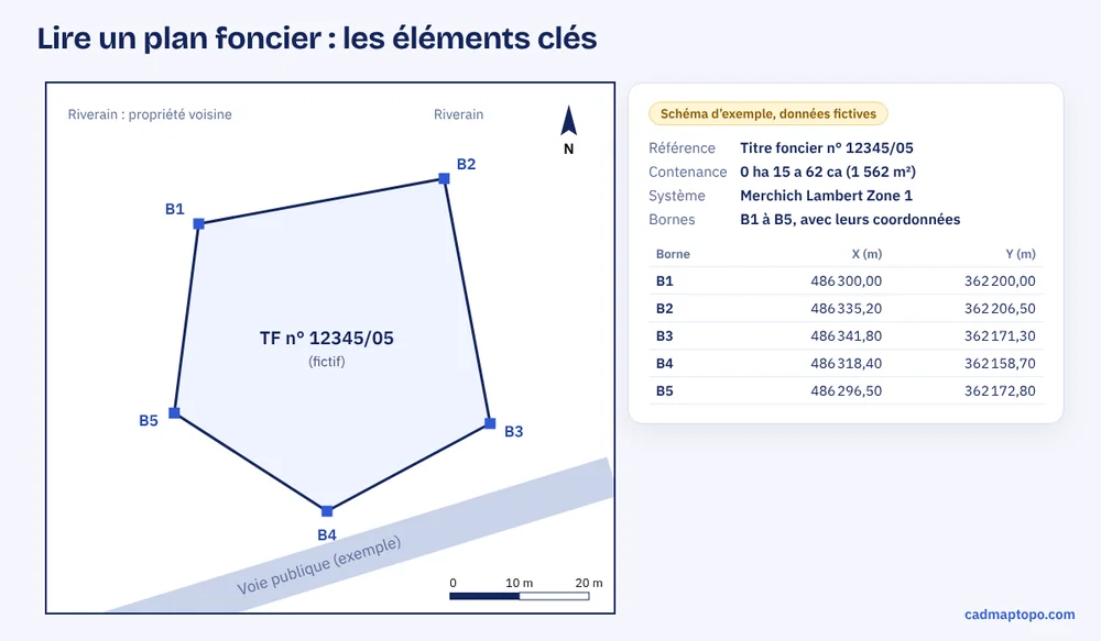Schéma d’exemple d’un plan foncier : bornes B1 à B5, contenance et tableau des coordonnées Lambert