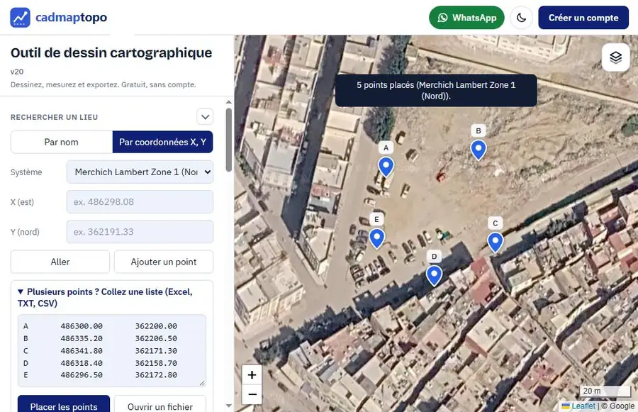 Liste de cinq points en Merchich Lambert collée dans cadmaptopo et placée sur l’image satellite à Meknès