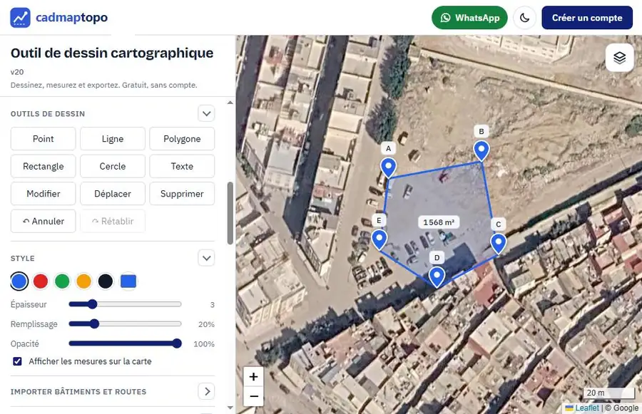 Terrain dessiné sur l’image satellite dans cadmaptopo, avec sa surface affichée sur la carte